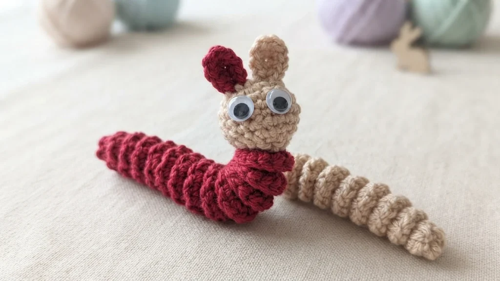 Two crocheted worry worms on a light fabric surface, one beige with a red ear and googly eyes, one dark red, with blurred balls of yarn behind them.