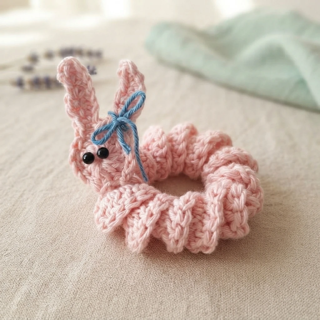 Pink crocheted bunny worry worm with black bead eyes and a small blue bow, its ridged body coiled into a spiral on a light woven fabric