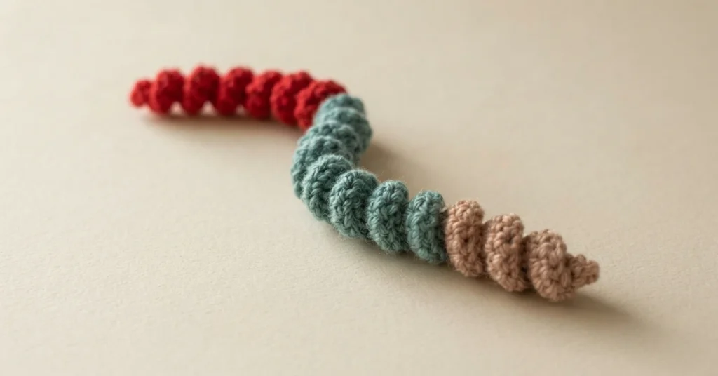Single crocheted corkscrew spiral with a red section, a teal section and a beige section, resting on a plain beige surface