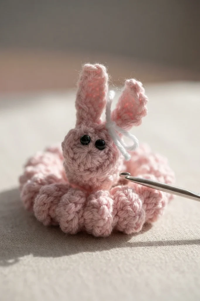 Pink crocheted bunny worry worm with black bead eyes and a white yarn bow, its body worked in a tight coil, resting on a light fabric surface with a metal crochet hook beside it.