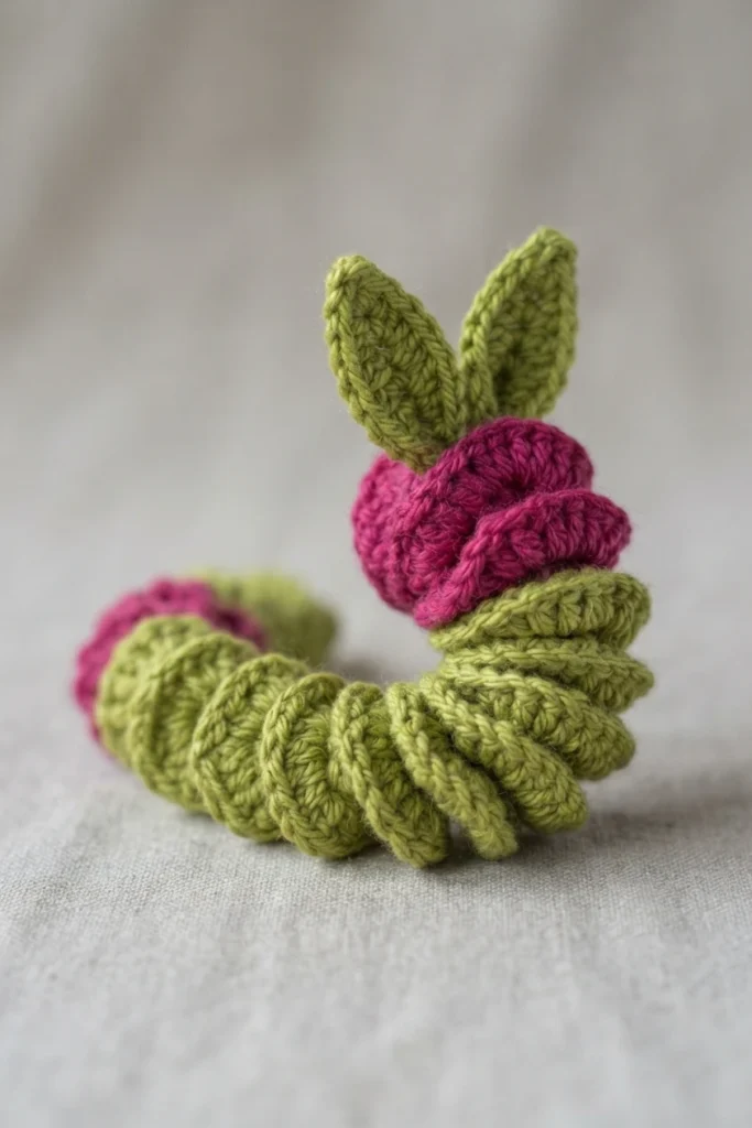 Crocheted spiral worry worm in green with a magenta head and two upright green ears, lying on light grey linen fabric.
