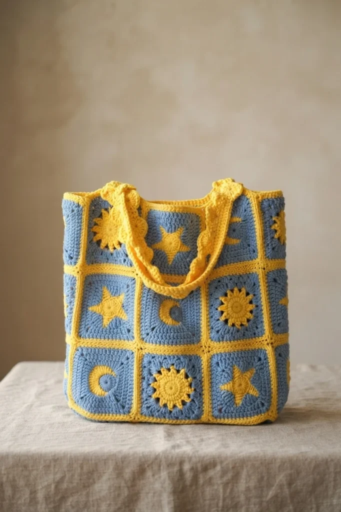 Crochet tote bag made of light blue granny squares with yellow sun, moon and star motifs and yellow handles, standing on a cloth covered surface