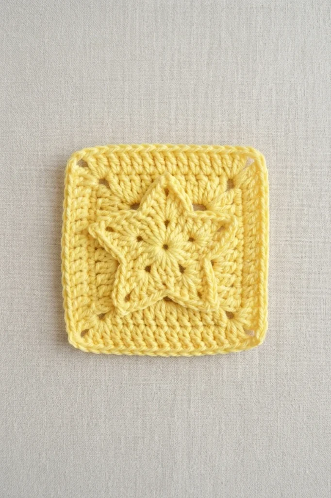 A pale yellow crochet granny square with a raised star in the centre on a light beige fabric background