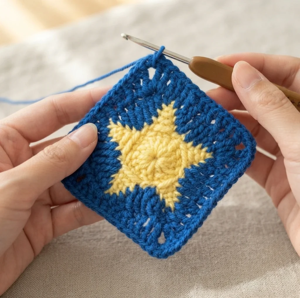 Hands holding a dark blue crochet granny square with a yellow star in the center, with a crochet hook in the top corner