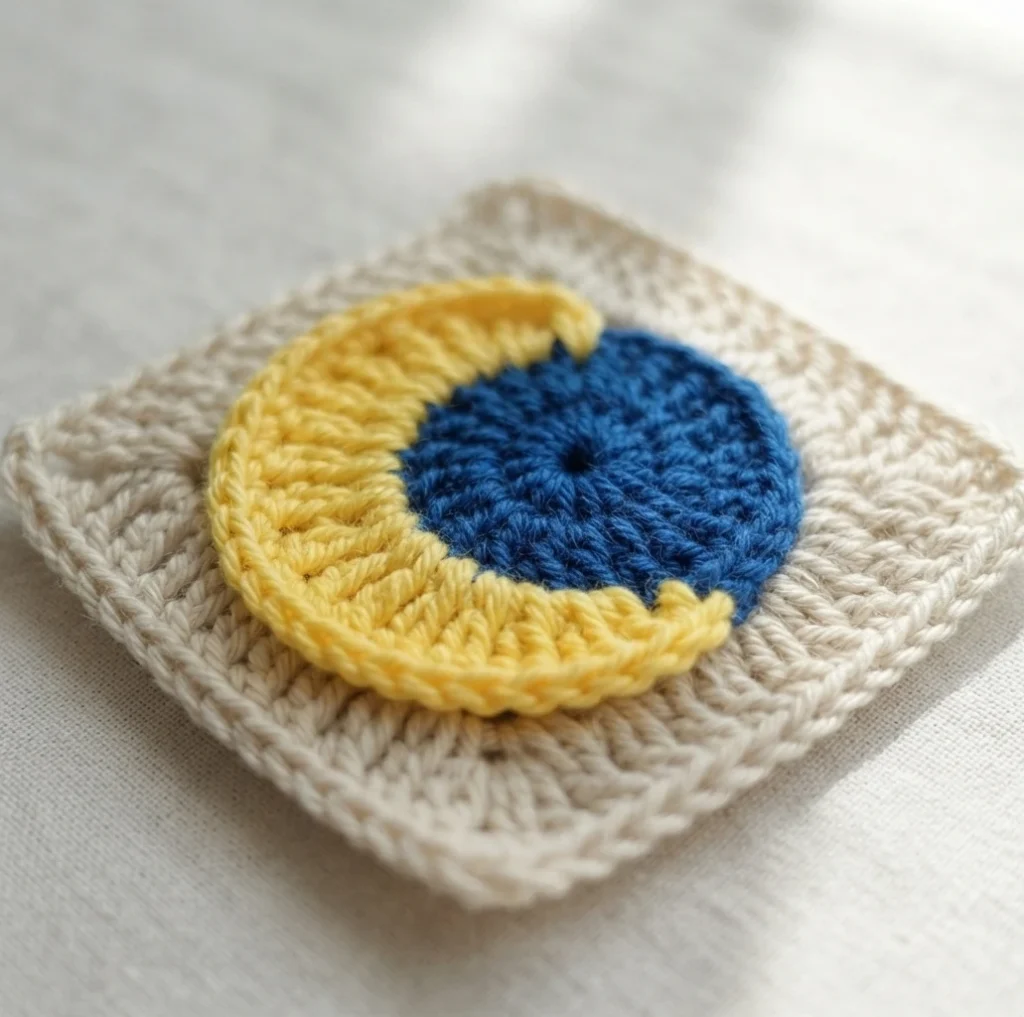 Crocheted granny square with a yellow crescent moon over a dark blue circle on a cream square background