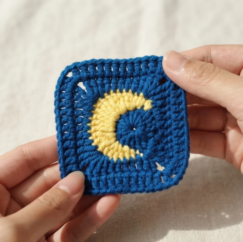Hands holding a dark blue crochet granny square with a yellow crescent moon motif