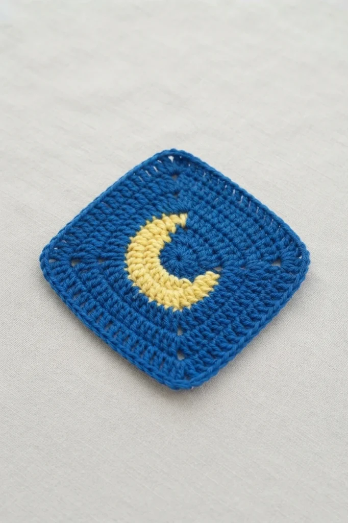A dark blue crochet granny square with a pale yellow crescent moon in the center, lying on a light fabric background