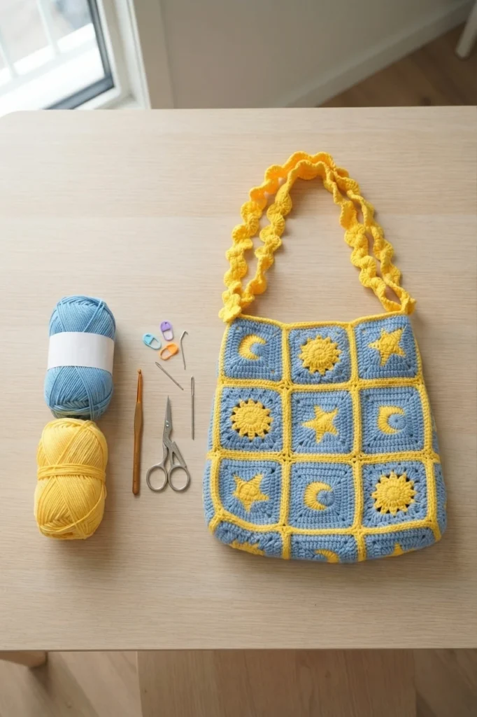 Blue and yellow crochet star granny square bag beside blue and yellow yarn, a crochet hook, scissors, stitch markers and yarn needles on a wooden table