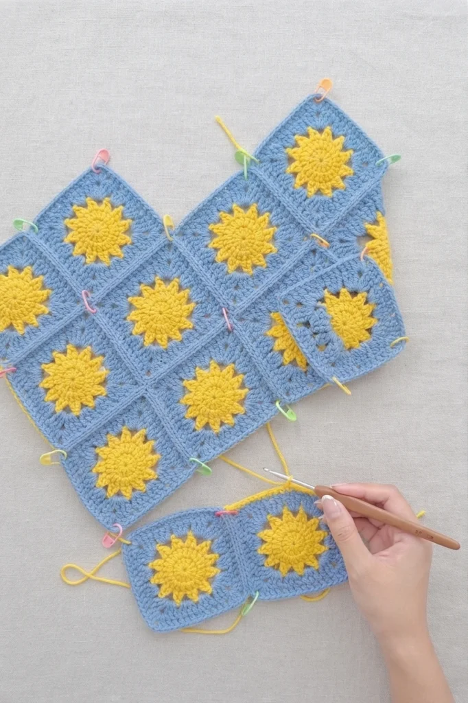 Blue granny squares with yellow sun motifs laid out with colorful stitch markers during bag assembly, with a hand holding a crochet hook