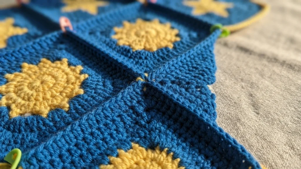 Close-up angled view of dark blue crochet granny squares with yellow sun motifs, joined at the center and held with green and pink stitch markers on a grey fabric surface