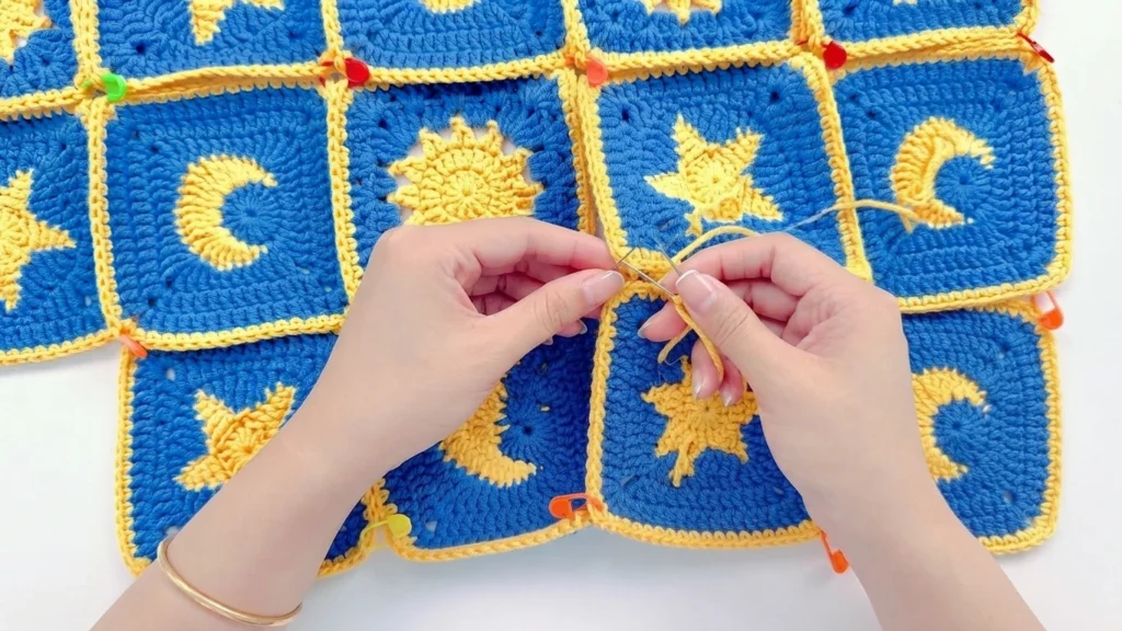 Hands whipstitching blue granny squares with yellow sun, moon and star motifs, held in place with colorful stitch markers