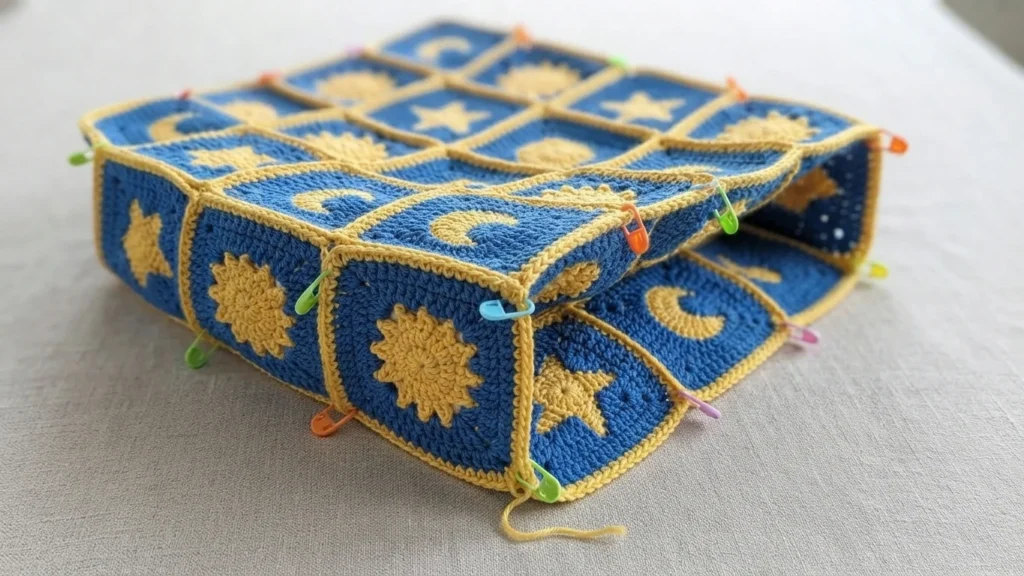 Folded bag body made of blue crochet granny squares with yellow sun, moon and star motifs, held in shape with colorful stitch markers