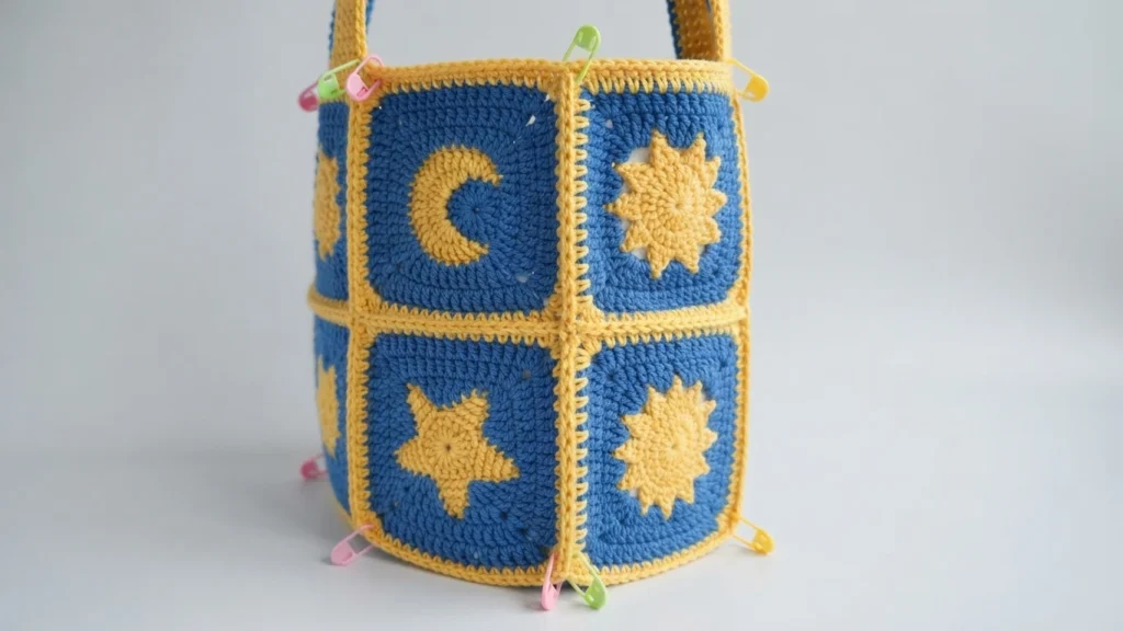 Upright crochet bag body made of blue granny squares with yellow moon, sun and star motifs, held with colorful stitch markers