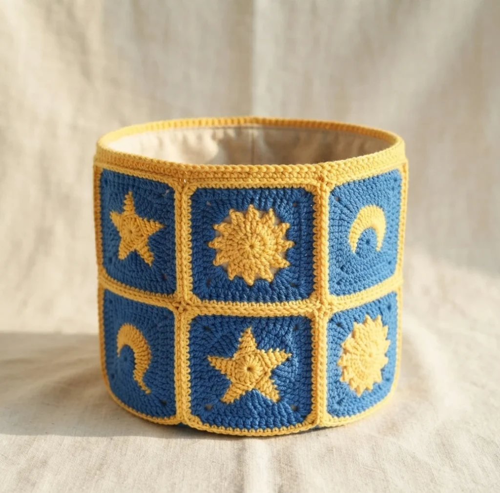 Crochet bag body standing open, made of blue granny squares with yellow star, sun and moon motifs joined by yellow seams