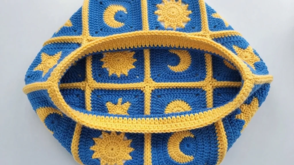 Close-up top view of a crochet bag opening with blue granny squares joined in yellow, showing yellow sun, moon and star motifs