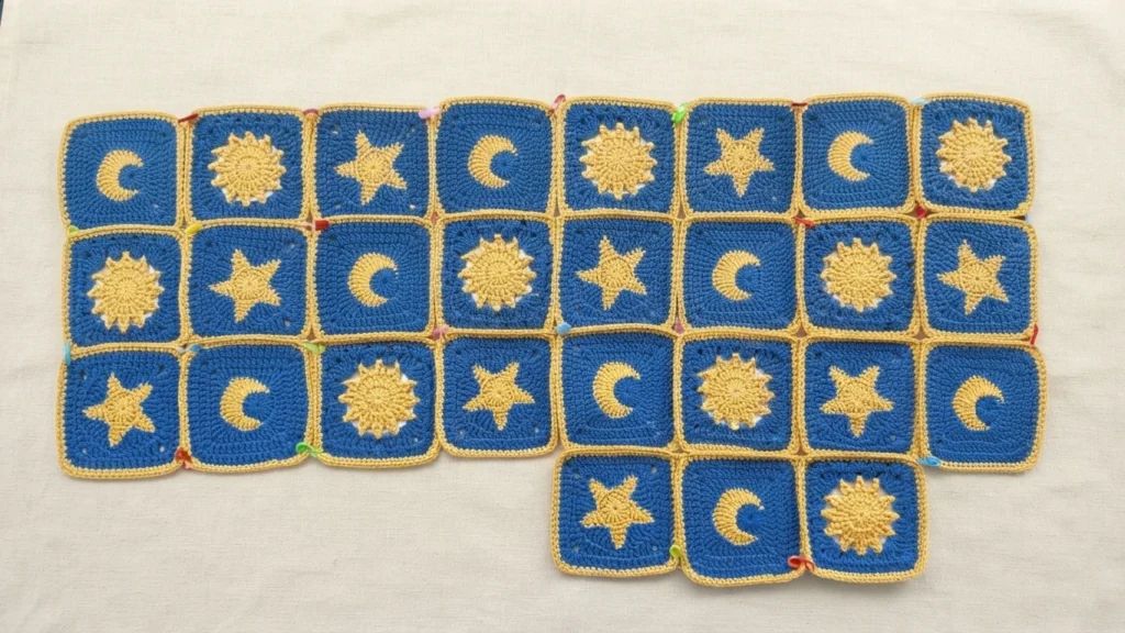 Layout of blue and yellow crochet granny squares with sun, star and crescent moon motifs arranged in rows on fabric