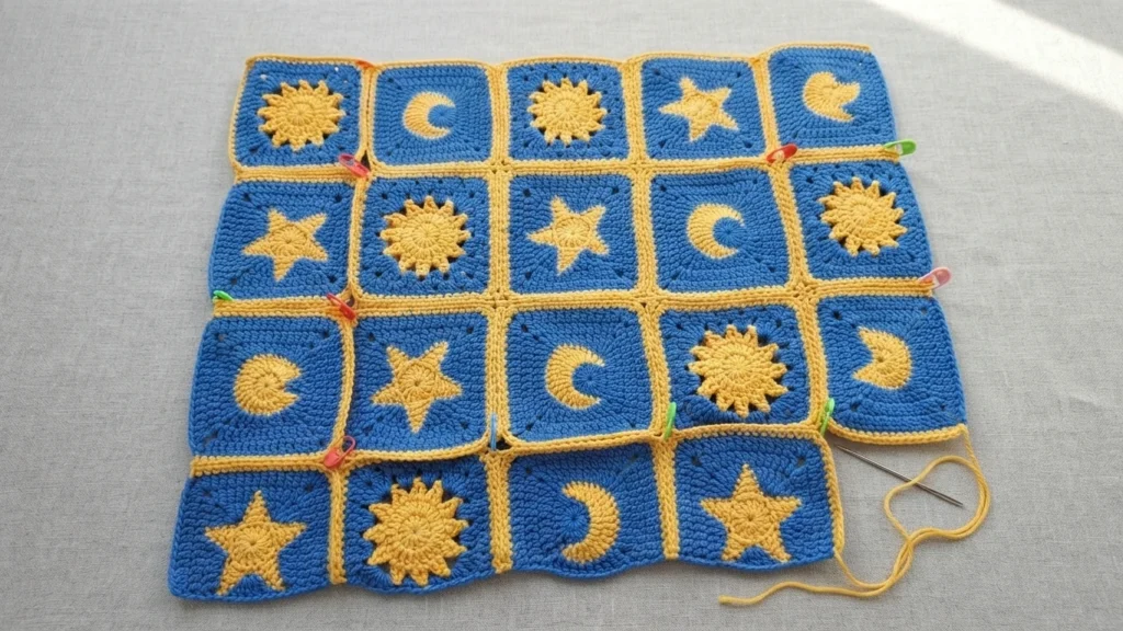 Flat assembly of blue granny squares with yellow sun, star and moon motifs and yellow joining, held with colorful stitch markers beside a needle and yellow yarn