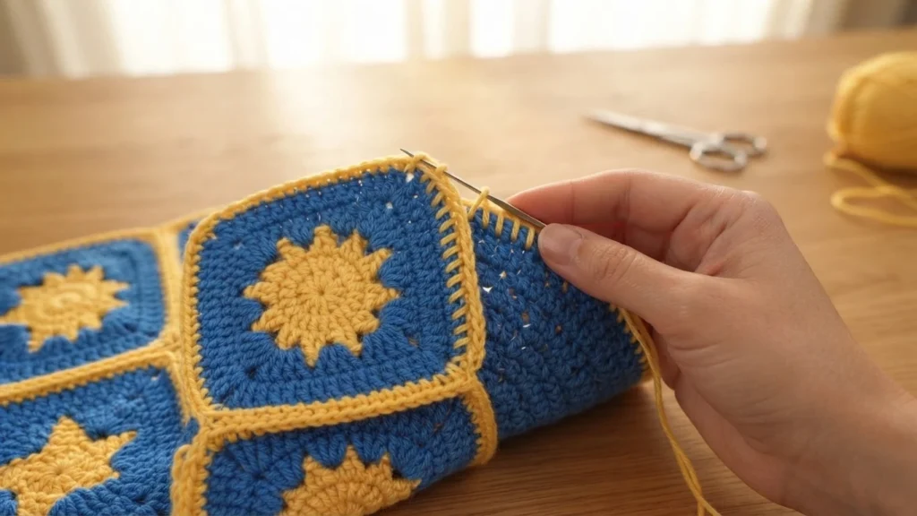 Hand whipstitching blue and yellow celestial granny squares together on a wooden table, with scissors and yellow yarn nearby