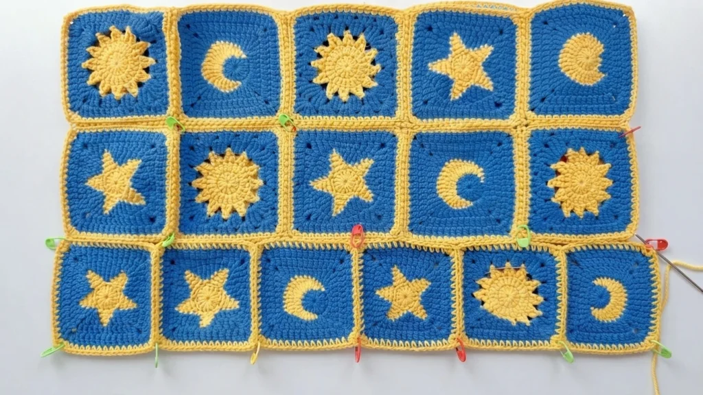 Flat arrangement of blue crochet granny squares with yellow sun, moon and star motifs, secured with colorful stitch markers during assembly