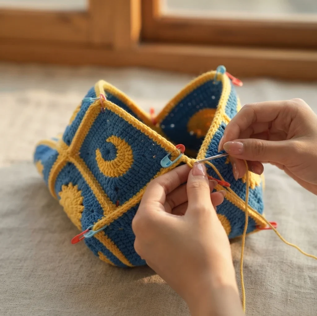 Hands sewing a folded blue and yellow granny square bag with moon and sun motifs, using a yarn needle and stitch markers