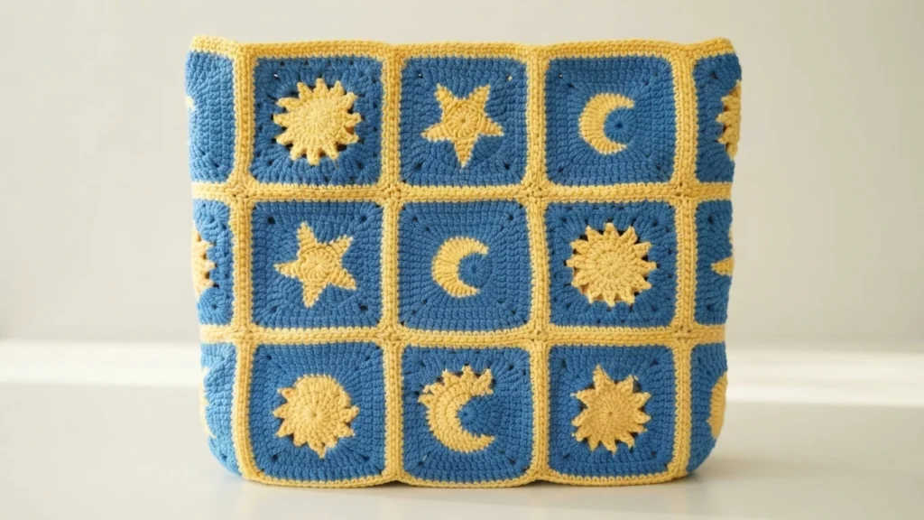 Assembled crochet bag body made of blue granny squares with yellow sun, star and moon motifs joined with yellow seams, standing upright