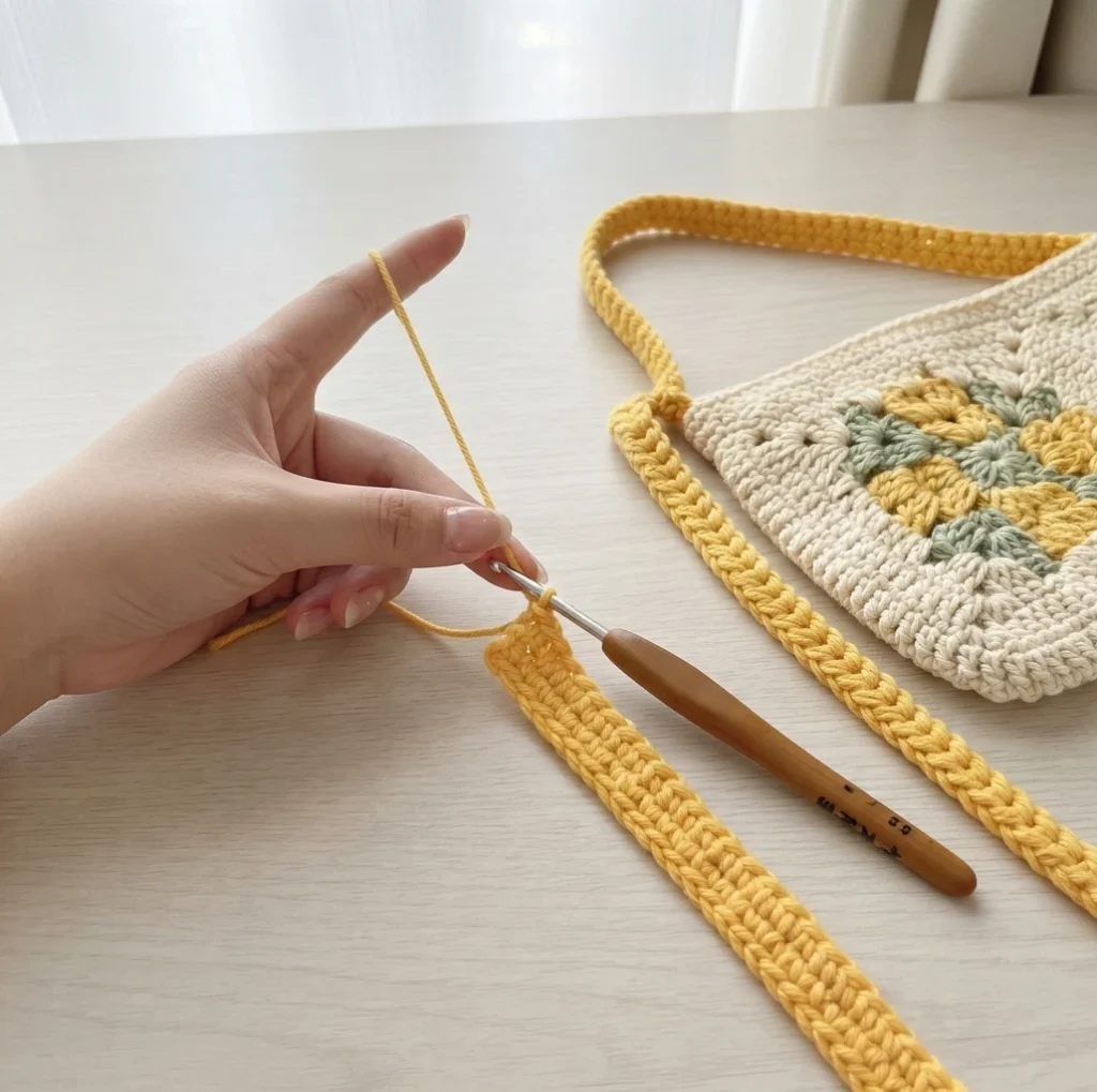 A hand crocheting a long yellow flat strap on a table beside a cream granny square bag with a yellow and green floral motif