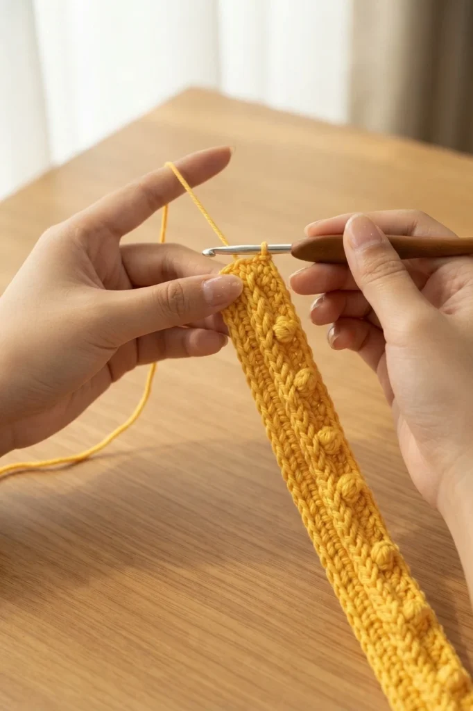 Hands crocheting a long yellow bag strap with bobble stitches using a wooden-handled hook on a wooden table