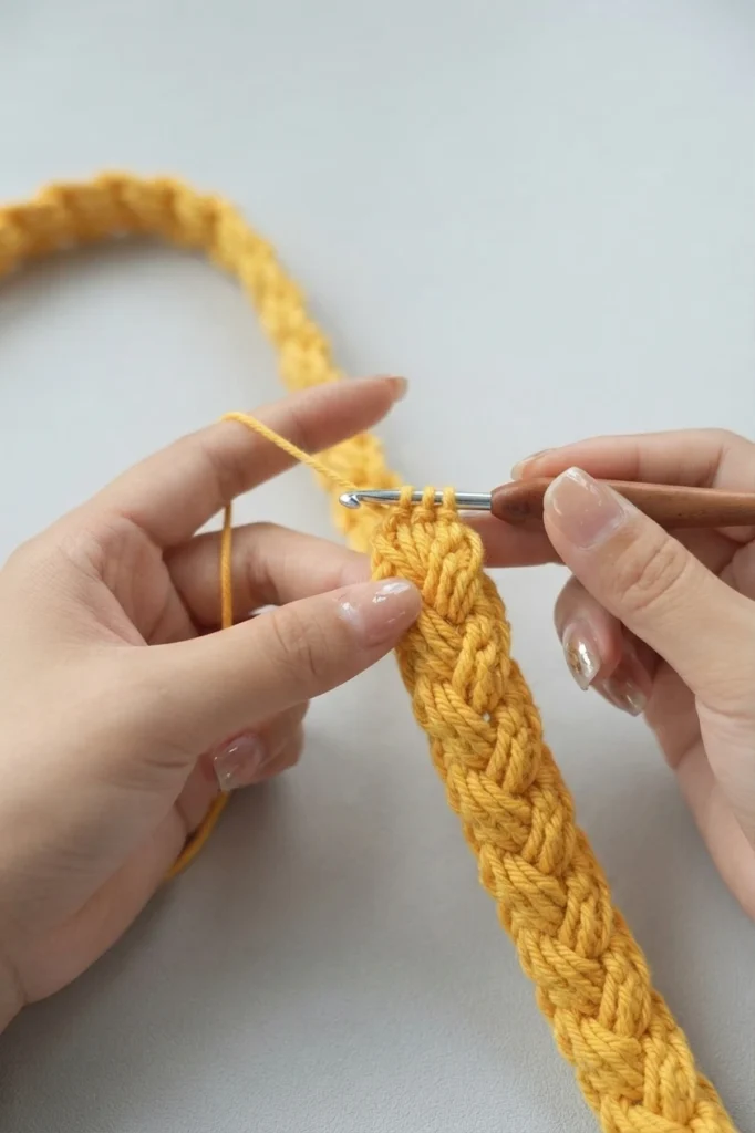 Hands crocheting a long yellow braided bag strap with a wooden handled hook