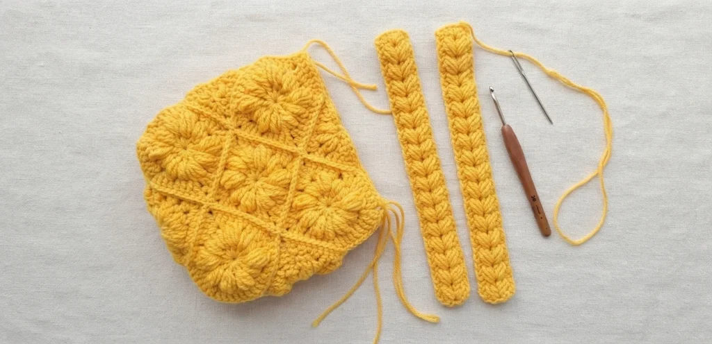 Two yellow crocheted bag straps laid beside a yellow crocheted bag panel, with a crochet hook and yarn needle on light fabric