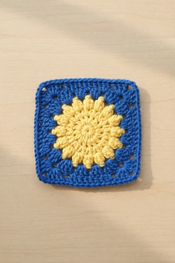 Finished sun granny square with a yellow sunburst center and a blue square border on a light wood surface