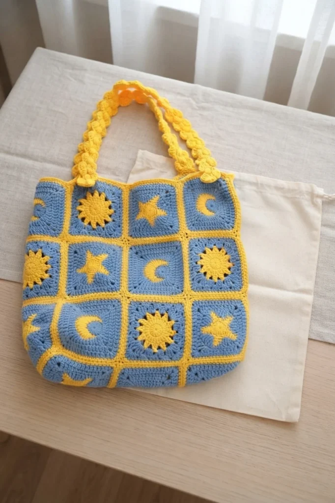 Blue crochet granny square tote with yellow sun, star and moon motifs, yellow joining and braided handles, resting on a cotton storage bag on a table