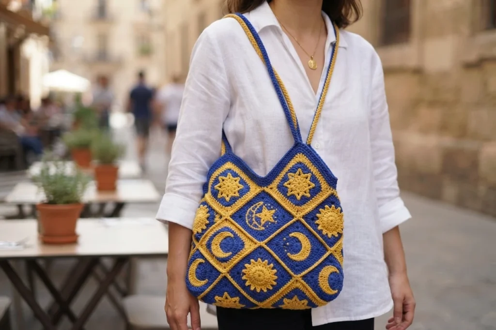 Woman in a white shirt wearing a royal blue and gold crochet tote bag with sun, moon and star granny squares outdoors