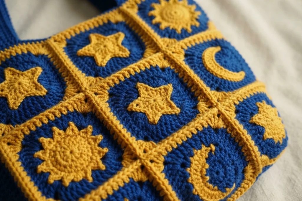 Close-up of a finished crochet bag made of dark blue granny squares with yellow stars, suns and crescent moons joined by yellow borders