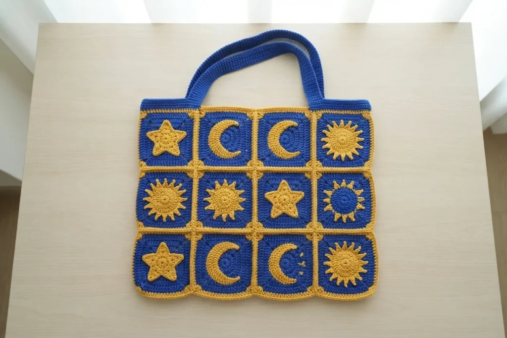 Royal blue and yellow crochet tote bag with star, crescent moon and sun granny squares on a light wood table