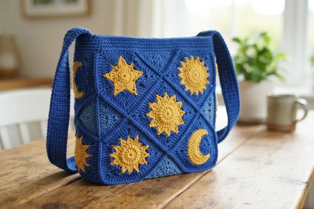 Dark blue crochet bag with yellow sun, star and crescent moon motifs standing on a wooden table
