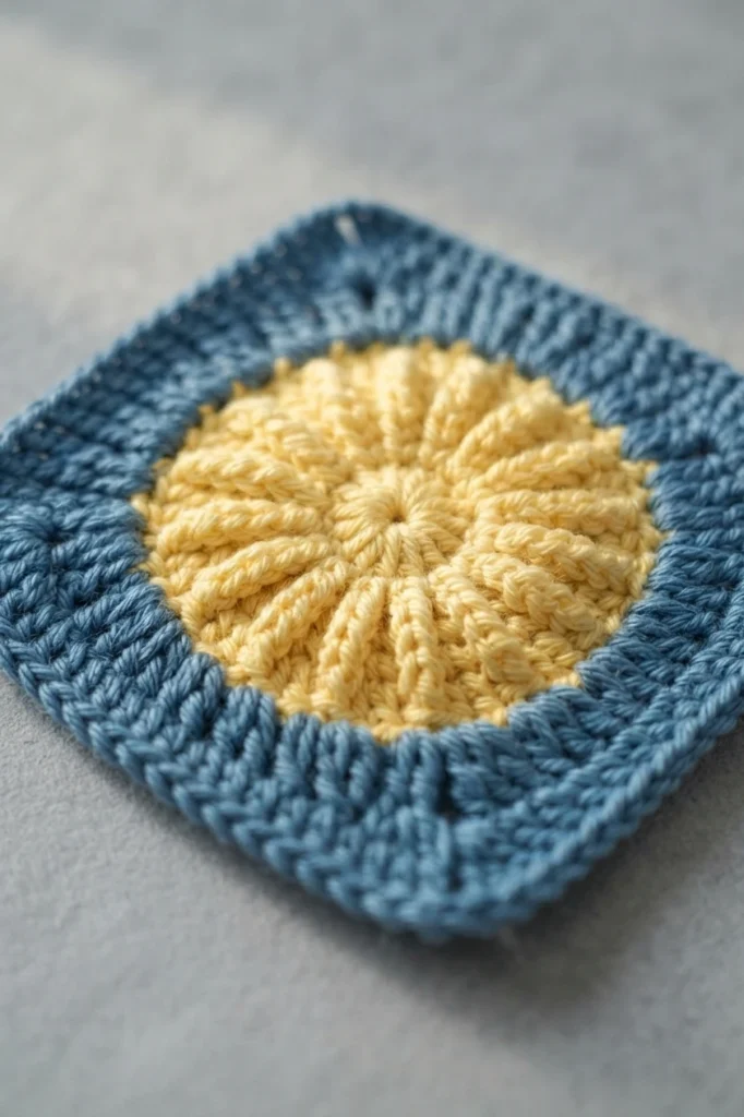 Close-up of a finished granny square with a pale yellow sunburst center and a blue square border on a gray surface