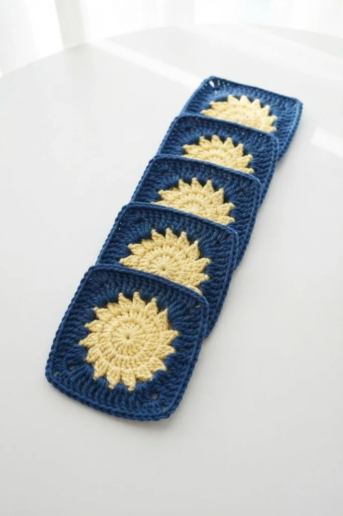 Five finished sun granny squares with pale yellow suns on dark blue backgrounds arranged in an overlapping row