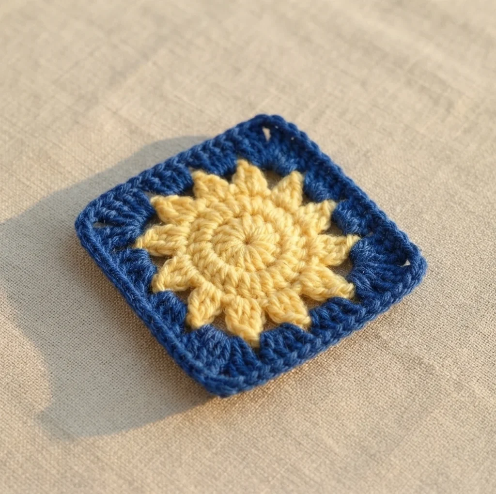 A finished crochet sun granny square with a pale yellow sunburst center and a dark blue square border on beige fabric