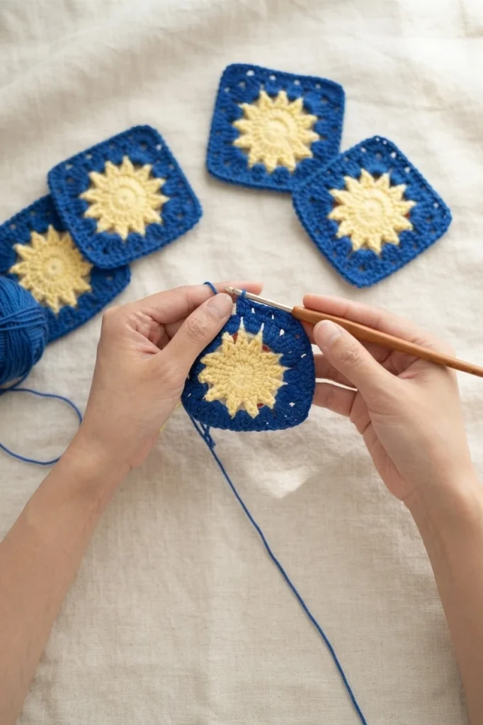 Hands crocheting a royal blue granny square with a pale yellow sun center, surrounded by finished sun squares and blue yarn on beige fabric