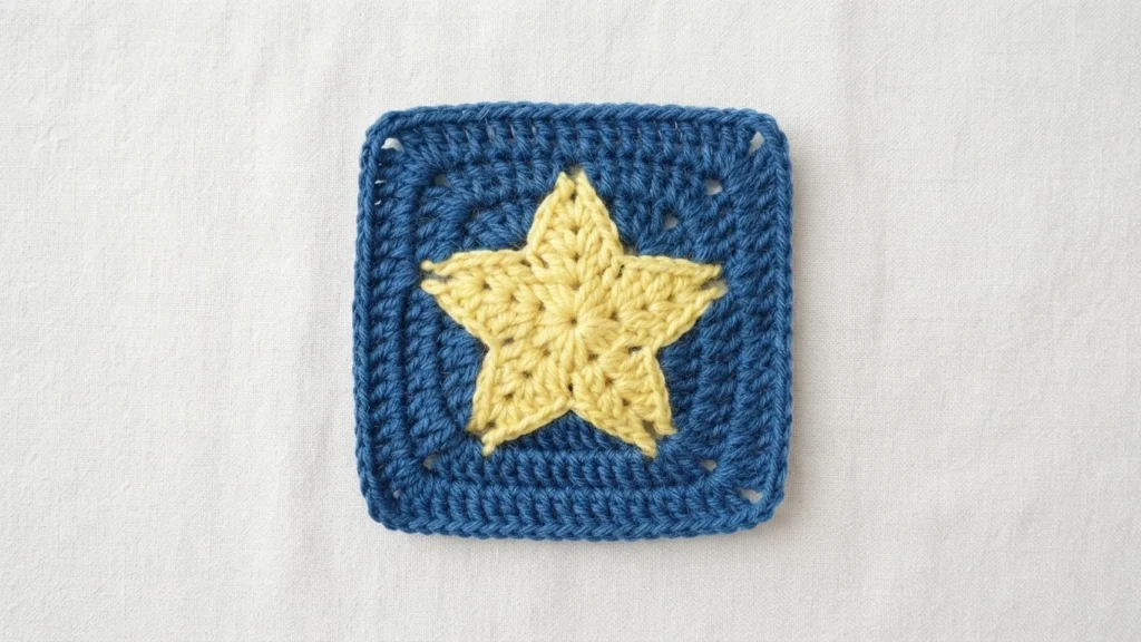 Crocheted granny square with a pale yellow five pointed star centered on a blue background, laid on light fabric