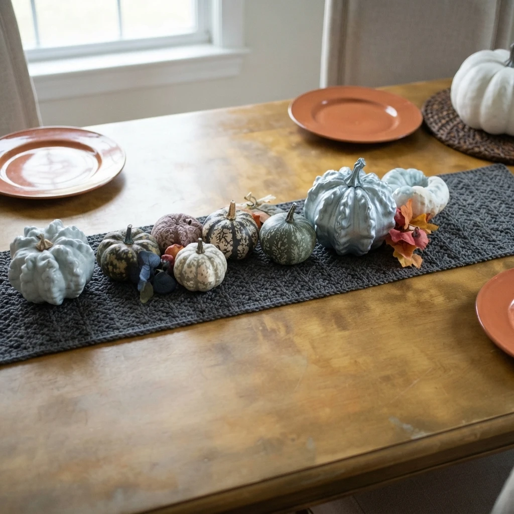 Dark charcoal crocheted table runner with a raised lattice texture, decorated with pale pumpkins and autumn leaves on a wooden table.