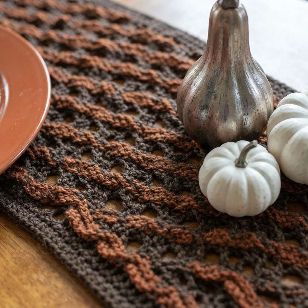 Chemin de table au crochet à motif texturé gris et brun rouille, décoré de citrouilles blanches et d’une courge décorative.