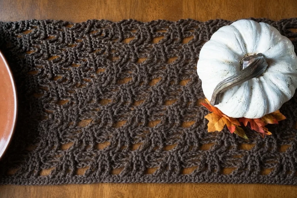Dark brown crocheted table runner with a white pumpkin and orange leaves on a wooden table.