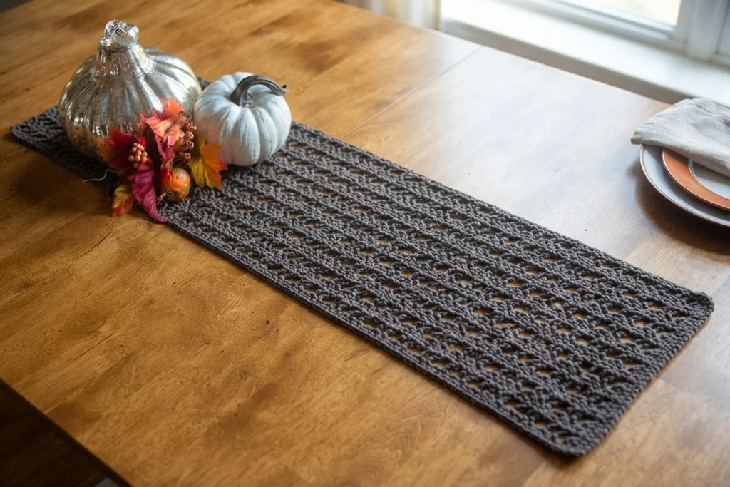 Long chemin de table au crochet gris foncé à motifs ajourés, décoré de citrouilles et de feuilles d’automne sur une table en bois.
