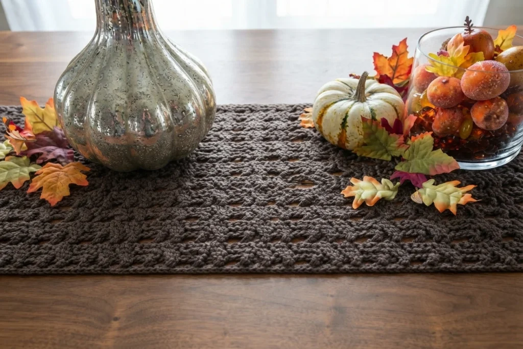 Dark brown crocheted table runner with a raised lattice texture, decorated with pumpkins, autumn leaves, a glass vase, and a bowl of fruit.