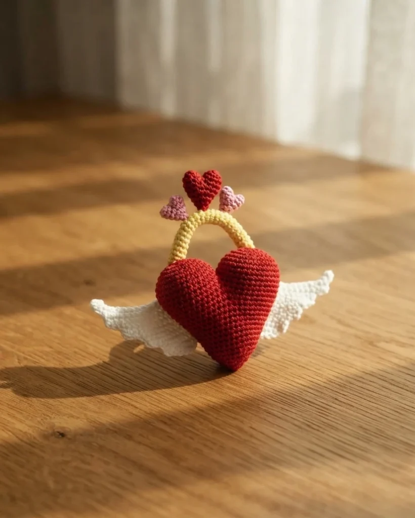 Crocheted red heart with white wings and a yellow loop topped with three small hearts, standing on a wooden table