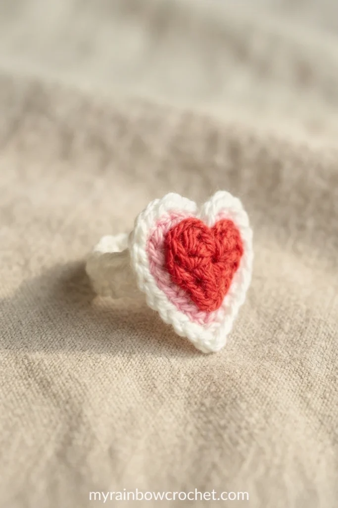 Crocheted heart ring with a red heart center, pink middle rounds and a white border, resting on beige linen