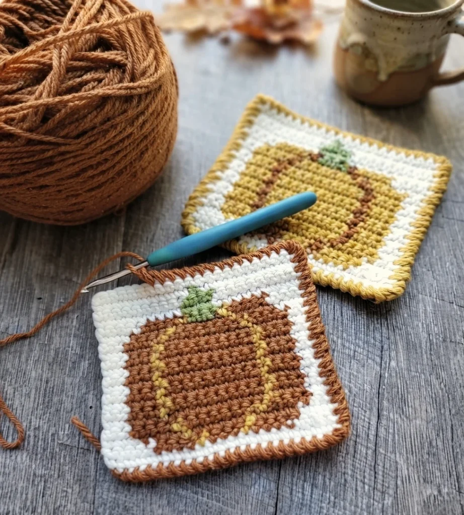 Deux sous-verres crochetés carrés à motif de citrouille sont posés sur une table en bois. Un crochet bleu est enfoncé dans le bord brun encore en cours du sous-verre au premier plan.
