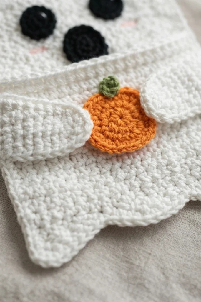 Close-up of a white crocheted pot holder with a folded front pocket, a crocheted orange pumpkin with a green stem, black crocheted circles for the face and faint pink blush stitches, resting on a light gray fabric.