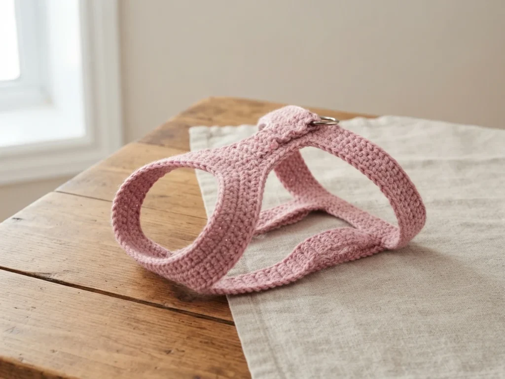 Pink crochet dog harness with a metal ring resting on linen on a wooden table